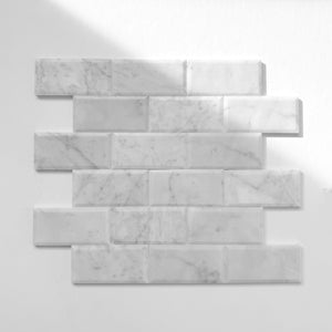Italian White Carrara Beveled Peel and Stick Brick Mosaics for Kitchen Backsplash 2" x 4" Polished