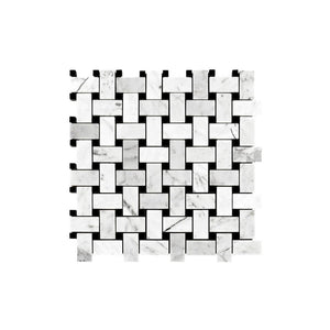 White Carrara Basketweave Marble Black dot Mosaic - Marble Barn